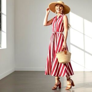April Cornel Striped Cotton Weave Sleeveless Button Front Midi Twirl Dress